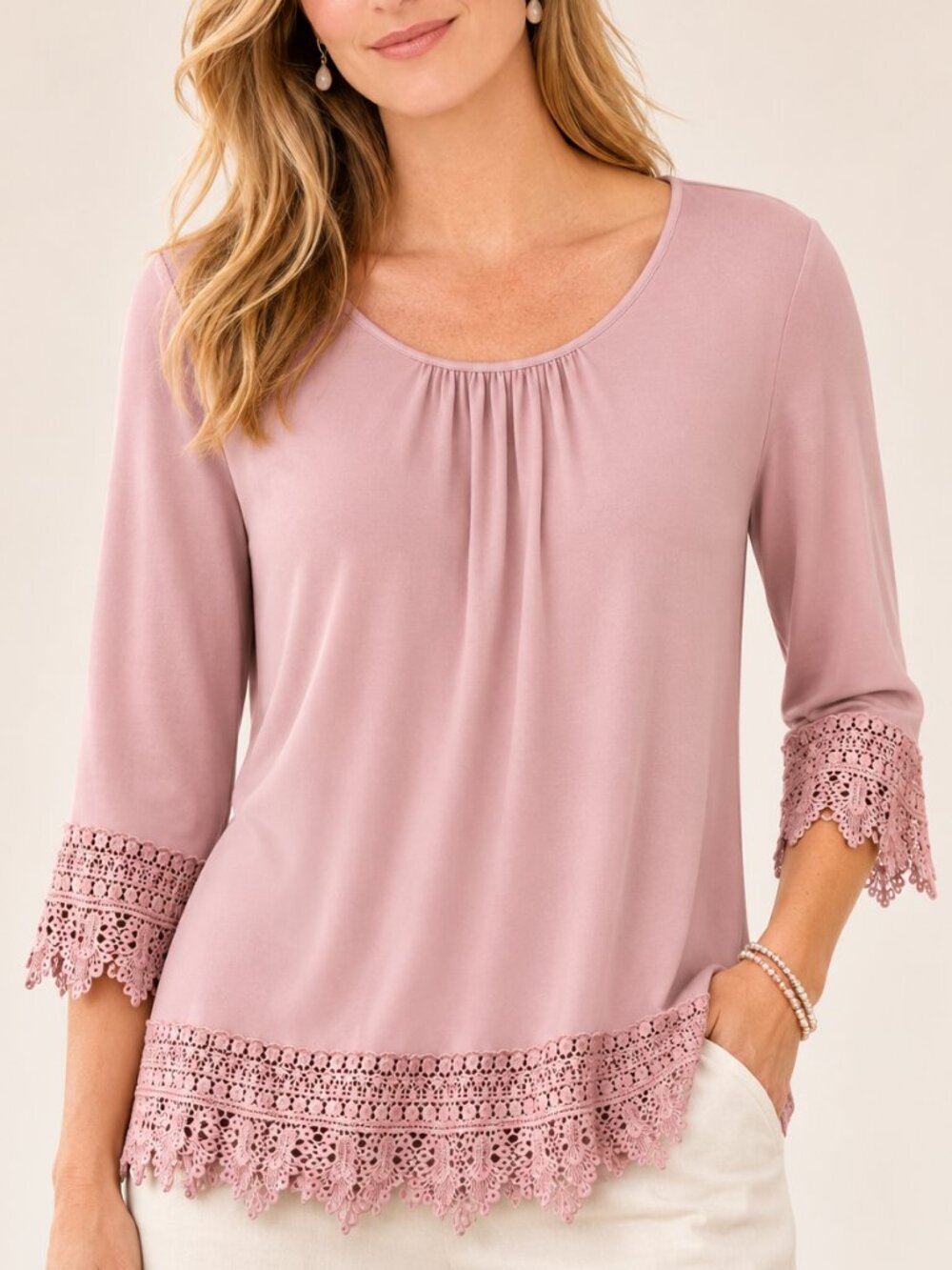 Daniel Rainn Crochet Lace Trim Peasant Top Boho Romantic Blush Rose Pink Large L
